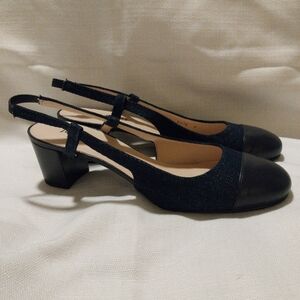 Jon Josef Made in Spain Leather & Denim Cap Toe Sling-Back Heel